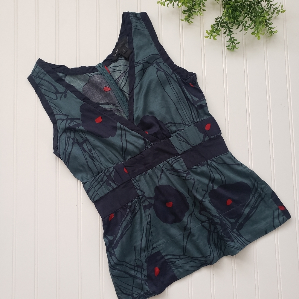 Marc Jacobs Top Floral V Neck Faux Wrap Top Teal Navy Blue size 2